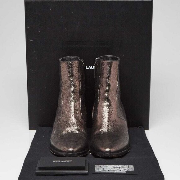 Yves Saint Laurent Gunmetal Calfskin Leather Ankle Booties Size 5.5/36 - Picture 1 of 5